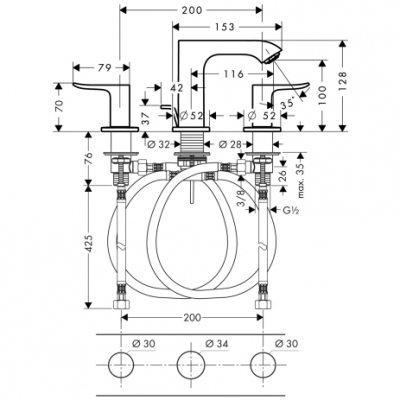 HANSGROHE Metris 3-otworowa bateria umywalkowa 100, DN15