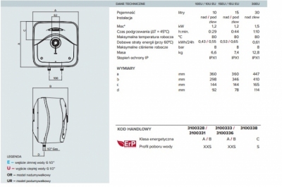 ARISTON ANDRIS R elektryczny pojemnościowy ogrzewacz wody PODUMYWALKOWY - 10 litrów