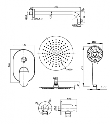 VALVEX - DIONE  zestaw podtynkowy z deszczownicą okrągłą 250 mm - KOMPLETNY